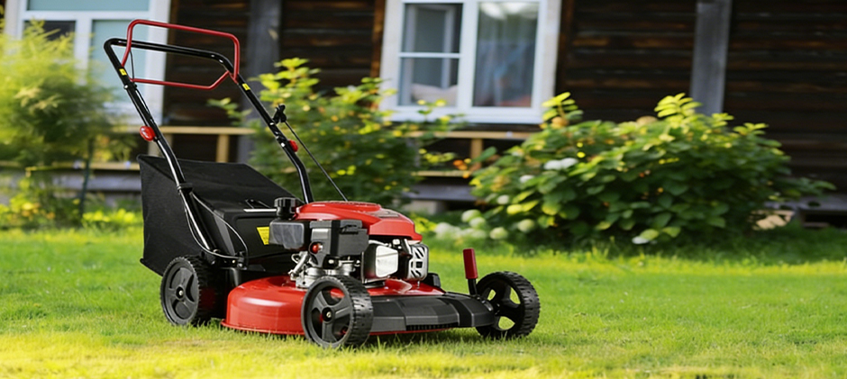 A red gas-powered push lawn mower sitting on a well-manicured lawn in front of a house.