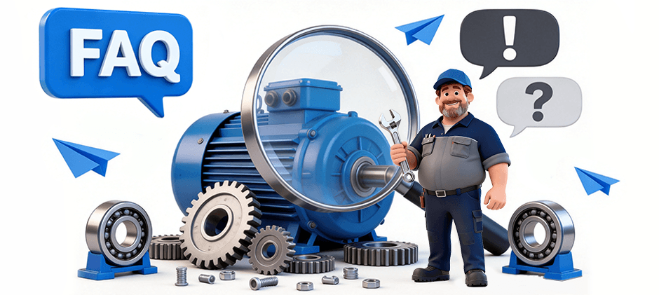 An illustration of a friendly mechanic holding a wrench, standing in front of a motor and various machine parts like gears and bearings, with "FAQ" speech bubbles.