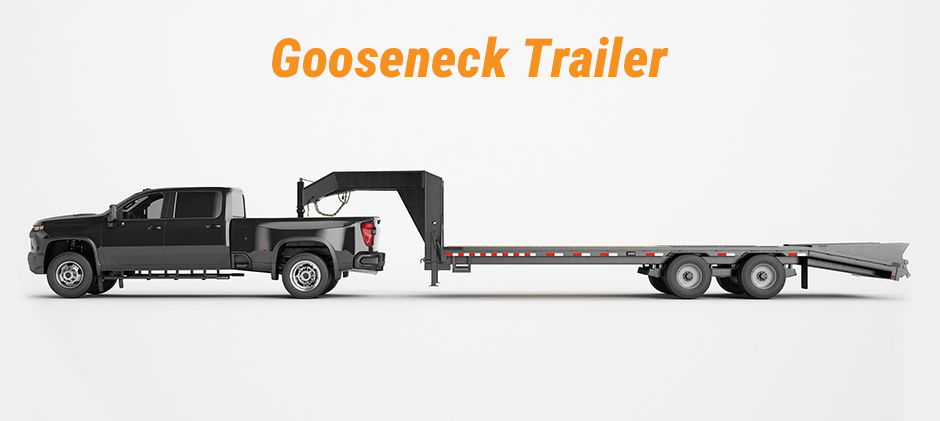 A gooseneck trailer hitched directly over the rear axle of a heavy-duty pickup truck, demonstrating the stable connection point.