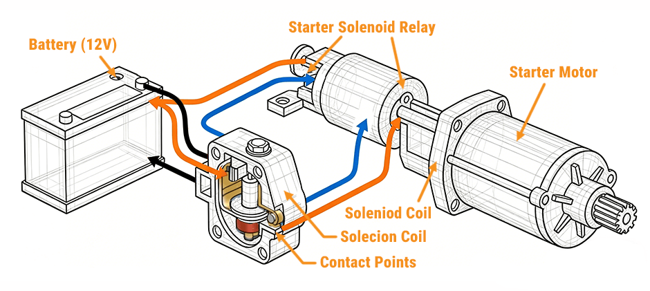 A diagram illustrating how a starter solenoid connects the battery to the starter motor in a heavy equipment starting system.