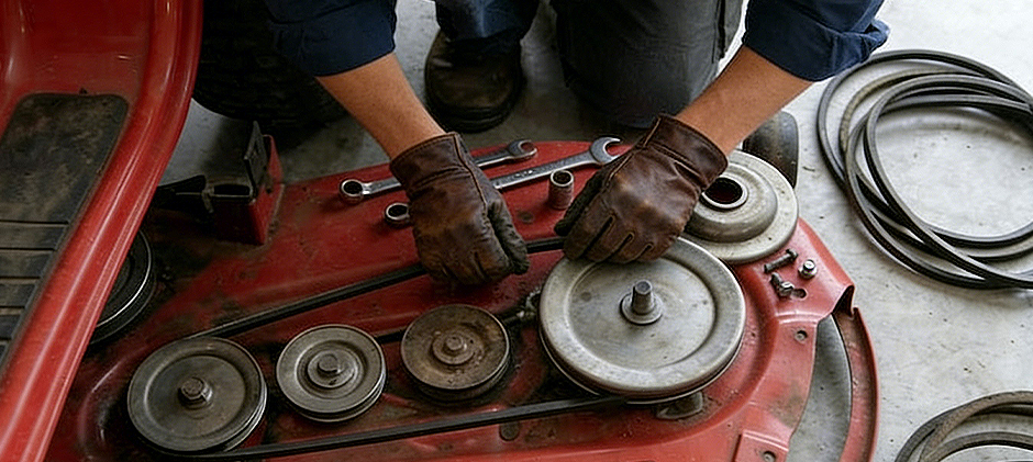 A mechanic wearing leather gloves uses wrenches to work on the pulleys of a red mower deck, with replacement belts nearby.
