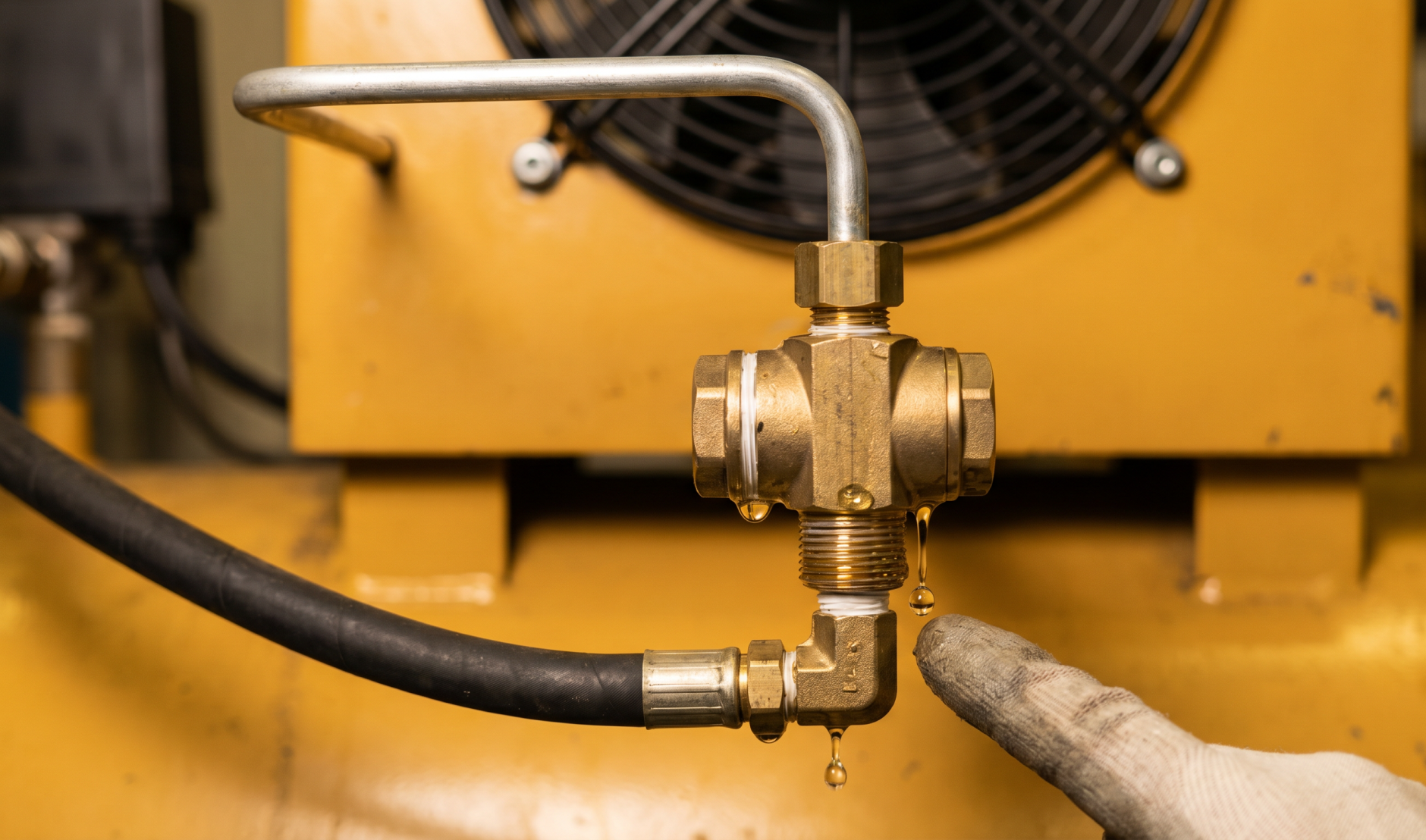 A gloved finger pointing to water leaking from a brass valve on an air compressor.