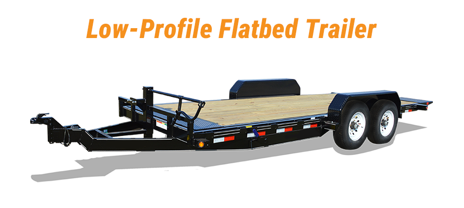 A low-profile flatbed trailer with its deck positioned down between the wheel wells for a lower center of gravity.