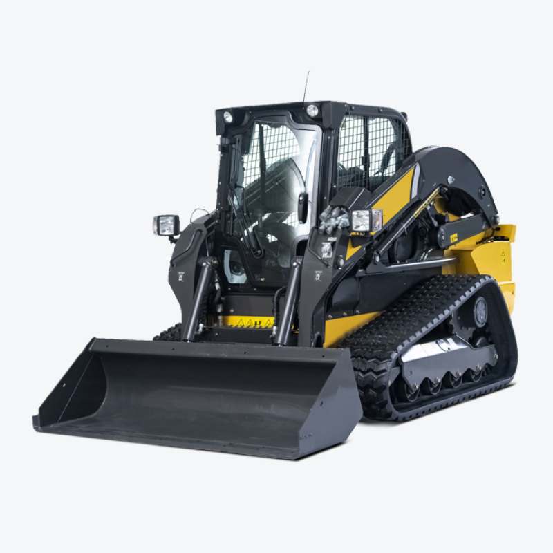 A yellow New Holland C337 compact track loader with its bucket attachment on a clean white background.