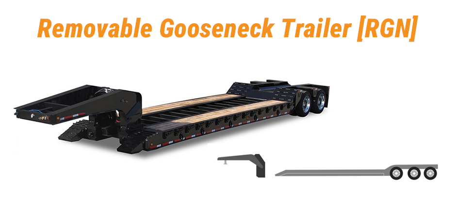 A removable gooseneck (RGN) trailer with the neck detached, showing how the main deck drops to the ground for roll-on loading.