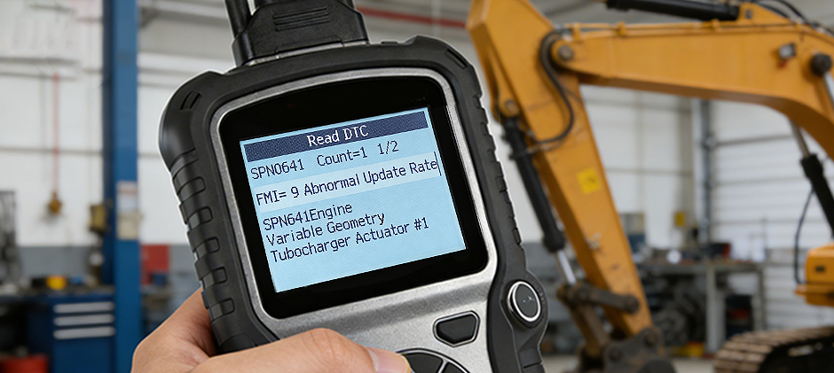 Close-up of a diagnostic tool screen showing the details for SPN 641 FMI 9: Abnormal Update Rate for the turbocharger actuator.