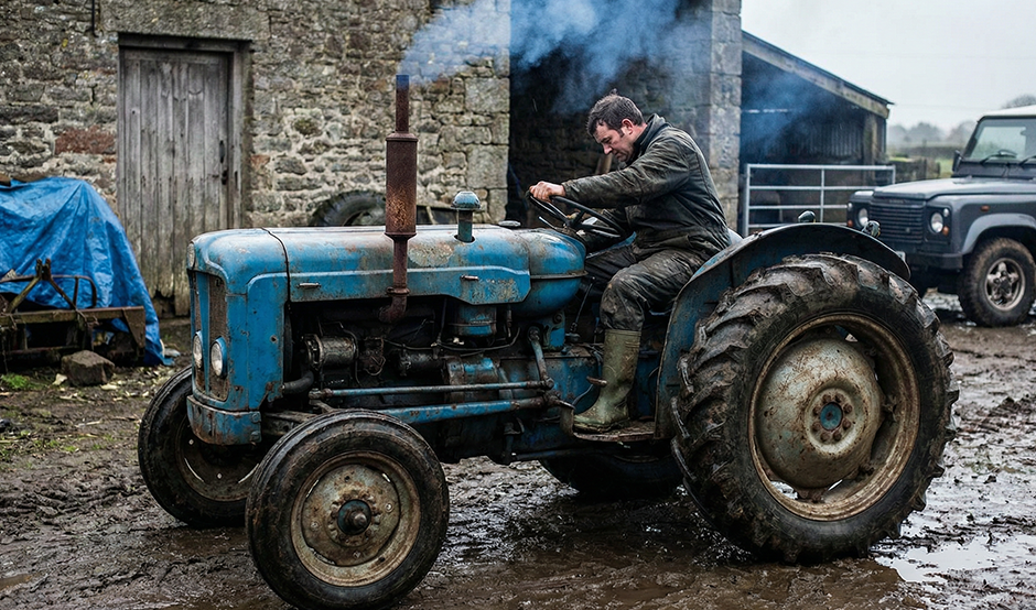 A farmer driving an old blue tractor, with white-gray smoke coming from the exhaust stack on a cold day.