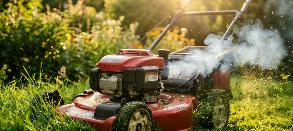 A red push lawn mower with white smoke coming from its engine, indicating a serious problem like gas in the oil.