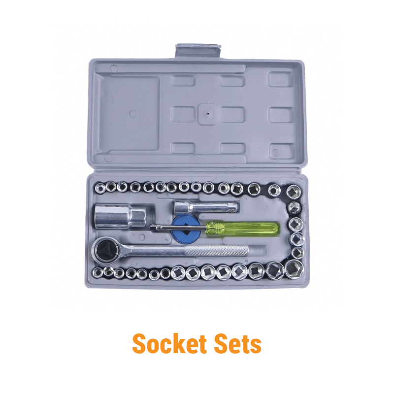 A complete ratchet and socket set organized in a grey plastic carrying case.