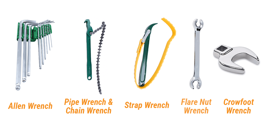A collection of specialty types of wrenches: Allen, pipe, chain, strap, flare nut, and crowfoot wrenches.