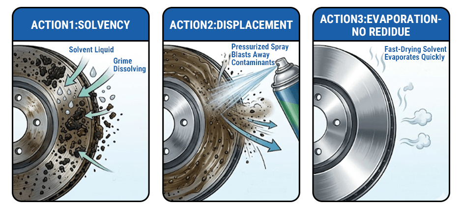 Infographic showing the three actions of brake cleaner: Step 1, a solvent dissolves grime on a brake rotor. Step 2, a pressurized spray blasts away contaminants. Step 3, the solvent evaporates, leaving a clean, residue-free rotor.