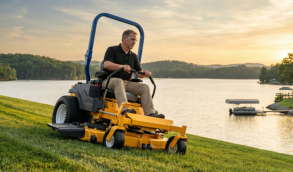A man operates a yellow zero-turn mower on a grassy slope next to a lake at sunset, showing how modern ZTRs can handle moderate hills.