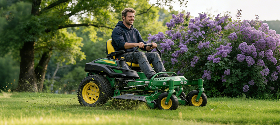 A man operating a green zero-turn mower, actively cutting grass on a large property with trees and flowers in the background.