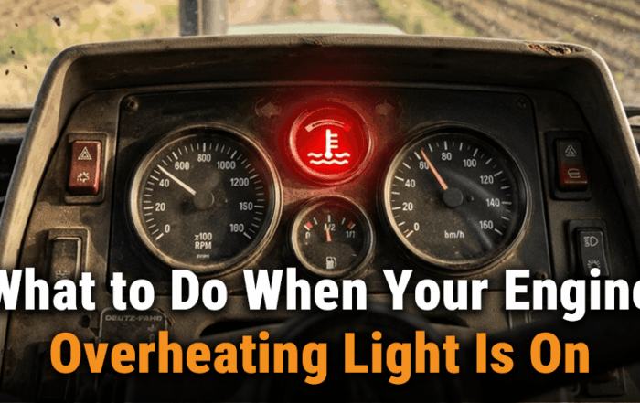 A tractor's dashboard with the red engine overheating warning light glowing, indicating a critical engine issue that requires immediate attention.