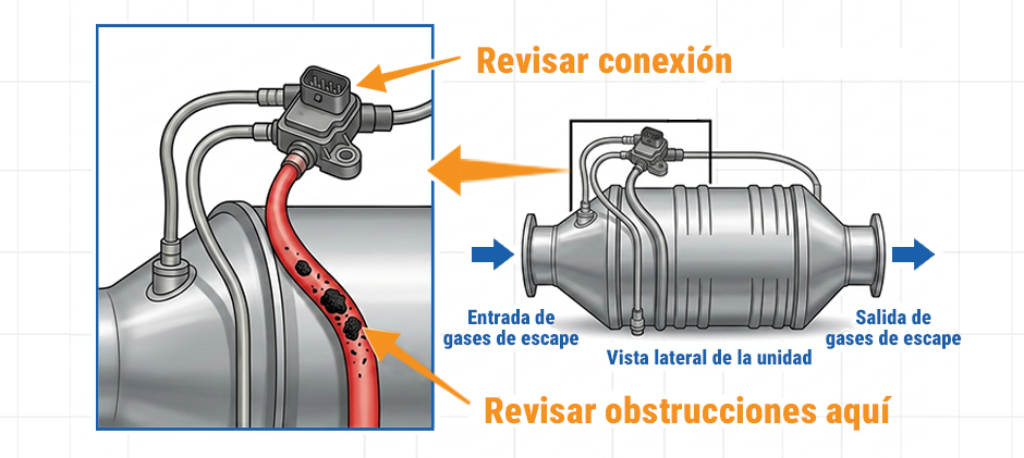 Verifique el sensor de presión del DPF y las mangueras