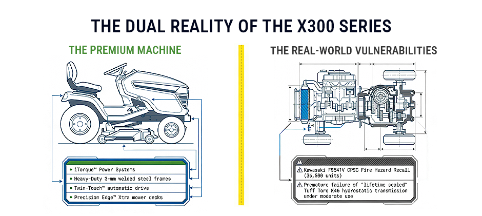 An infographic comparing the John Deere X300's premium features against its real-world vulnerabilities, such as engine recalls and transmission failures.