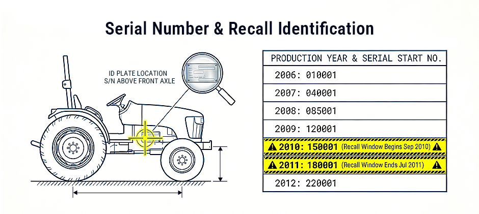 A diagram showing where to find the serial number plate on a John Deere X300 tractor, next to a chart identifying production years and recall windows.