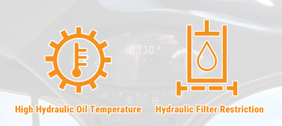 Infographic comparing two key Bobcat hydraulic warning symbols: the 'High Hydraulic Oil Temperature' icon (a gear with a thermometer) and the 'Hydraulic Filter Restriction' icon (a filter symbol with a fluid drop).