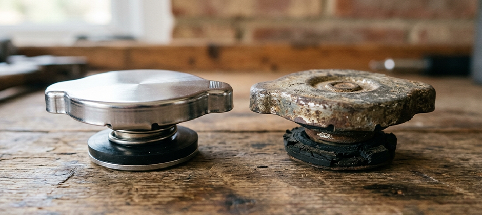 A new, clean radiator cap is contrasted with an old, rusty, and deteriorated radiator cap to show the importance of regular replacement.