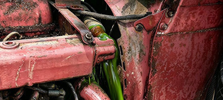 A close-up view of a catastrophic coolant hose failure, with green antifreeze gushing out from the hose connection on a red machine.