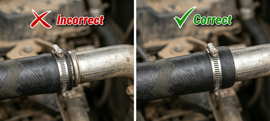 Side-by-side comparison showing the incorrect placement of a coolant hose clamp at the very end of the pipe, and the correct placement behind the raised bead.