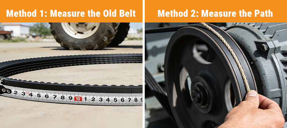 A diagram comparing two ways to find belt size: Method 1 shows measuring an old belt's length with a tape measure, and Method 2 shows measuring the pulley path with a string.