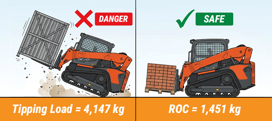 A safety diagram comparing a track loader dangerously tipping over from an oversized load, marked 'DANGER,' versus safely lifting a properly sized pallet of bricks, marked 'SAFE.'