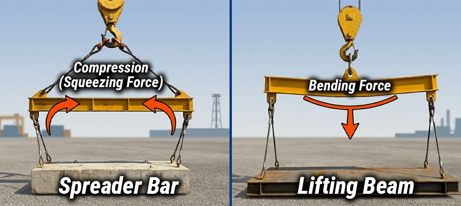 A diagram comparing a spreader bar, which handles compression forces, to a lifting beam, which handles bending forces.