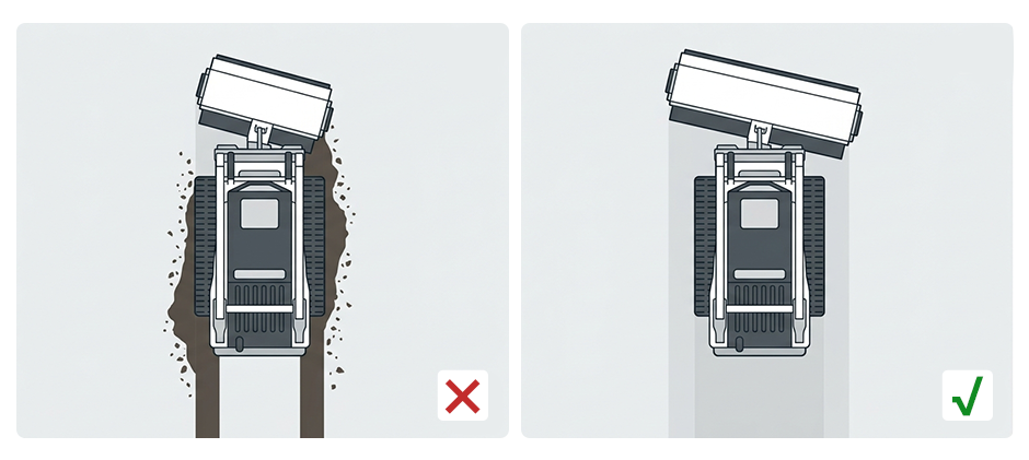 A diagram comparing a too-narrow angle broom leaving tire tracks versus a correctly sized broom cleaning the full width.