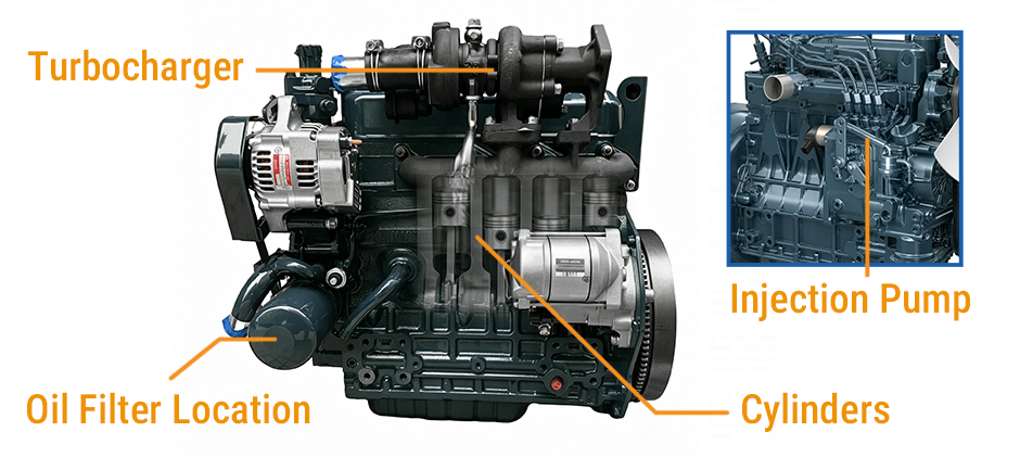 A cutaway diagram of a turbocharged Kubota V1505-T engine, with labels pointing to the location of the turbocharger, oil filter, internal cylinders, and injection pump.