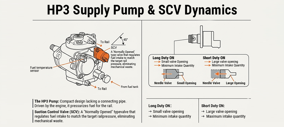 Diagram showing the Kubota HP3 supply pump and how the Suction Control Valve (SCV) regulates fuel intake based on the ECU's duty cycle signals.
