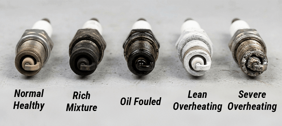 A spark plug color chart showing five plugs lined up, illustrating different engine conditions: Normal Healthy, Rich Mixture, Oil Fouled, Lean Overheating, and Severe Overheating.