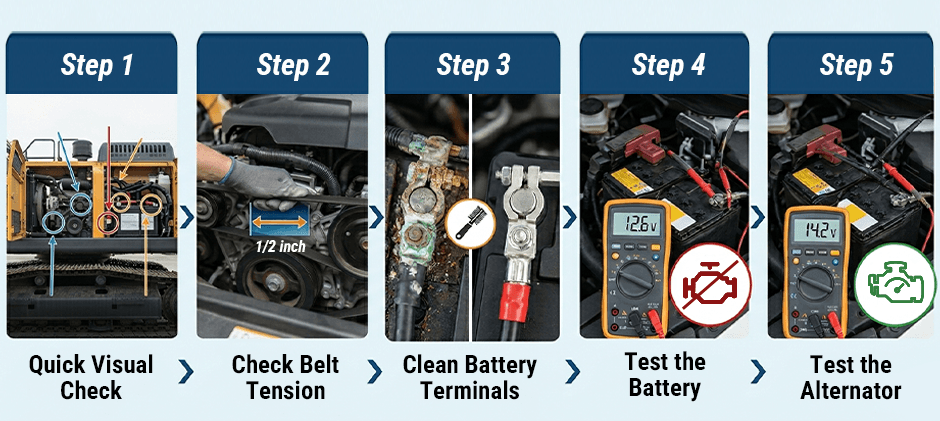 An infographic detailing the 5 steps to troubleshoot a charging system failure: 1. A visual check of the engine bay. 2. Checking belt tension. 3. Cleaning corroded battery terminals. 4. Testing battery voltage with a multimeter. 5. Testing alternator output with the engine running.