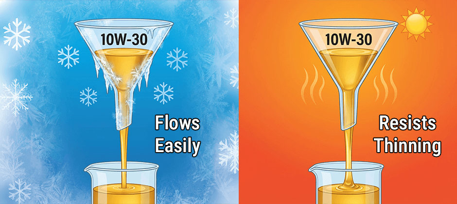 A diagram showing how 10W-30 oil flows easily through a funnel in cold, snowy conditions and resists thinning in hot, sunny conditions.