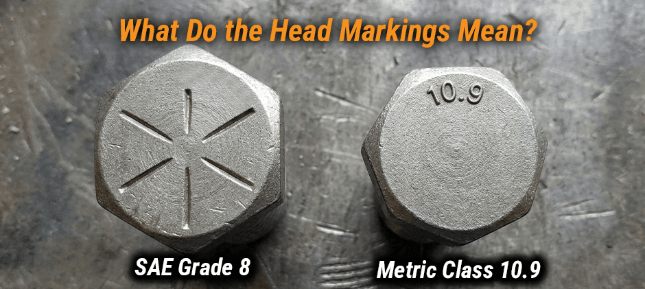 A close-up comparison of two bolt heads. The SAE Grade 8 bolt on the left has 6 radial lines, while the Metric Class 10.9 bolt on the right is stamped with the number '10.9'.