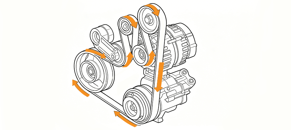 A diagram illustrating the correct routing path for a serpentine belt around various engine pulleys, with arrows indicating the direction of movement.