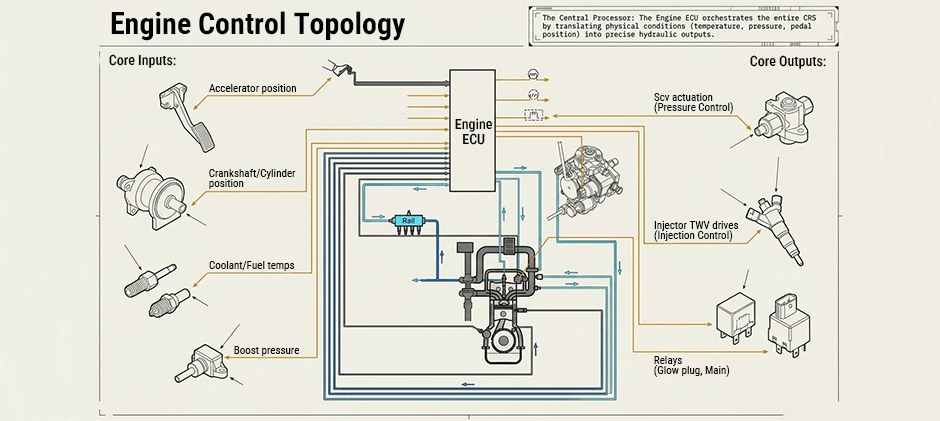  A flowchart of the Kubota V3800 engine control topology, illustrating how the ECU processes inputs from sensors to control outputs like fuel injection and pressure.
