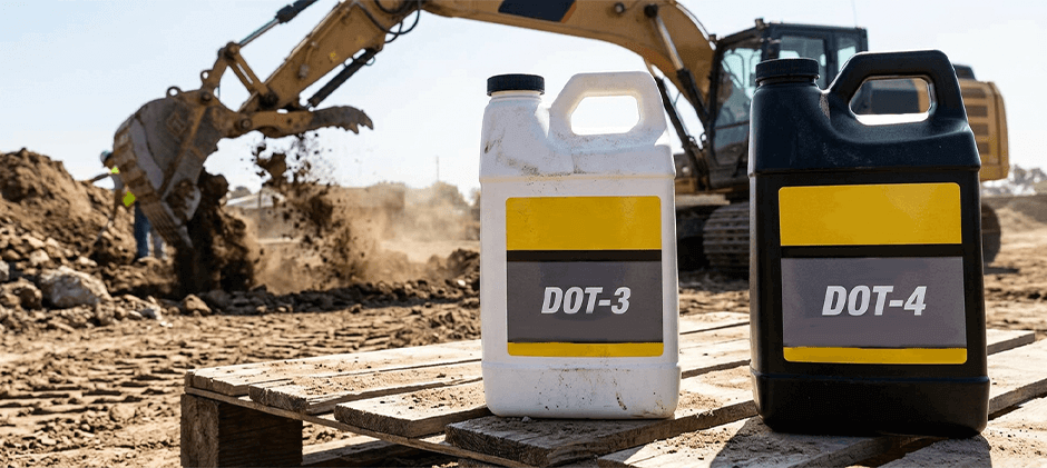 Jugs of DOT 3 and DOT 4 brake fluid sitting on a wooden pallet on a job site with an excavator digging dirt.
