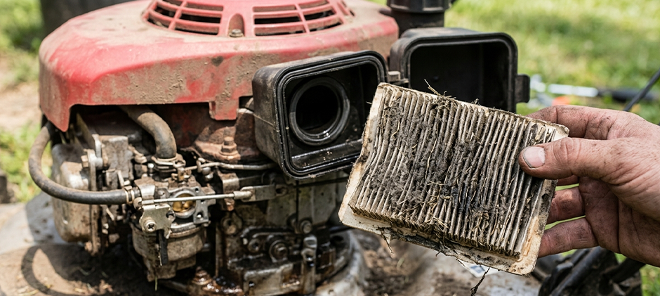 A mechanic's hand holding a dirty, oil-soaked lawn mower air filter, a common symptom of having too much engine oil.