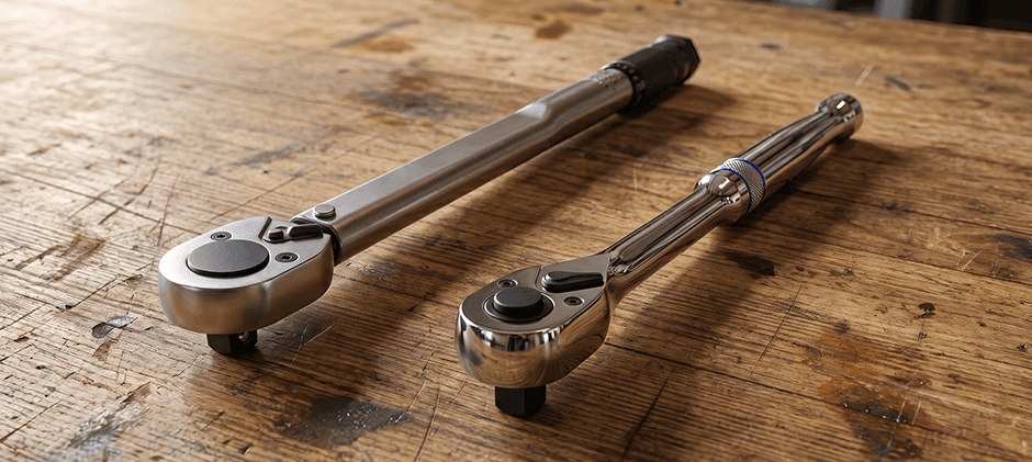 A click-type torque wrench and a standard ratchet wrench lying side-by-side on a wooden workbench, showing their difference in size and design.