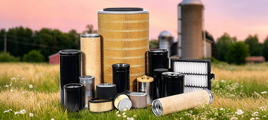 A large collection of various aftermarket heavy equipment filters, including oil, air, and hydraulic types, displayed in a grassy field with a farm in the background.