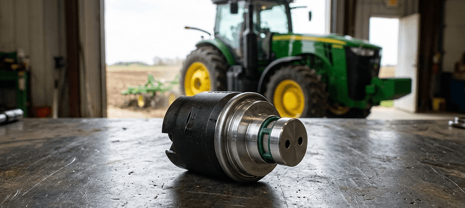 A new aftermarket transmission solenoid resting on a workbench with a green tractor in the background.