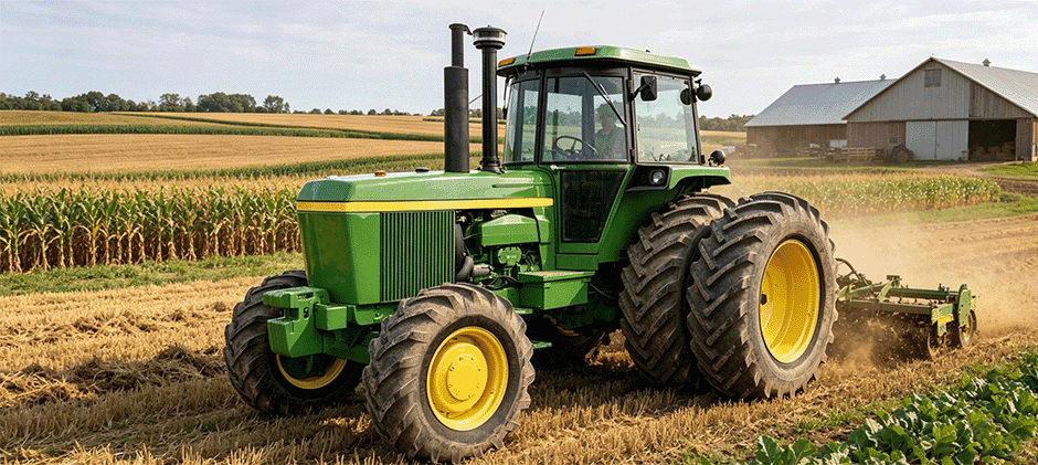 A John Deere 4630 tractor with dual rear wheels pulling a tillage implement through a harvested crop field, demonstrating its power.