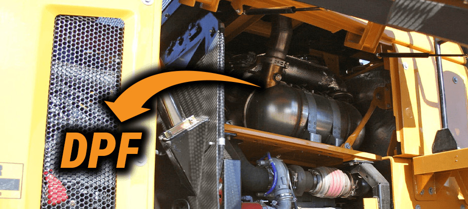 An arrow pointing to the Diesel Particulate Filter (DPF) assembly inside the engine compartment of a piece of heavy machinery.