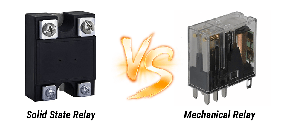 A visual comparison showing a black, sealed solid-state relay on the left and a transparent mechanical relay with visible internal coils on the right.