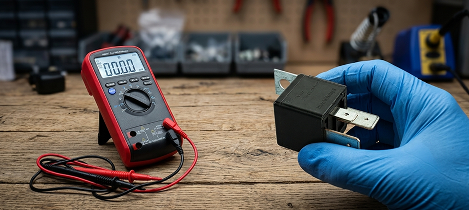 A technician in a blue glove holds a 4-pin relay next to a digital multimeter on a wooden workbench, preparing to test it.
