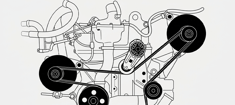Line drawing diagram showing the routing of a serpentine belt around engine components like the alternator, water pump, and tensioner pulley.