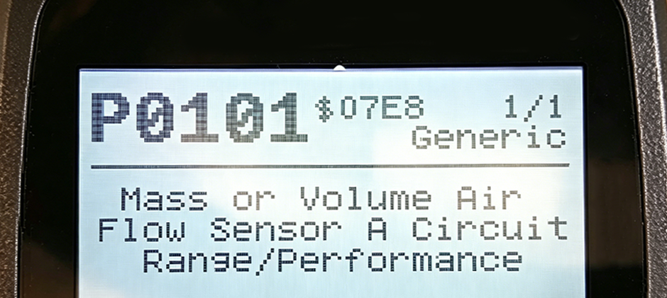 A diagnostic scanner screen displaying the generic trouble code P0101, which reads 'Mass or Volume Air Flow Sensor A Circuit Range/Performance'.