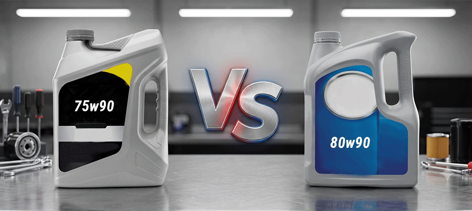 Two bottles of gear oil, 75W90 and 80W90, on a workbench with a large VS logo between them, ready for comparison.