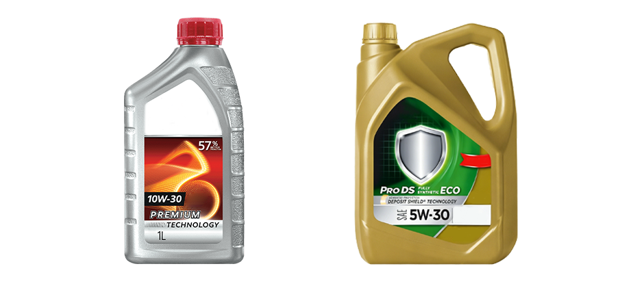 A side-by-side view of a one-liter bottle of 10W-30 premium engine oil and a larger jug of 5W-30 full synthetic engine oil on a clean white background.